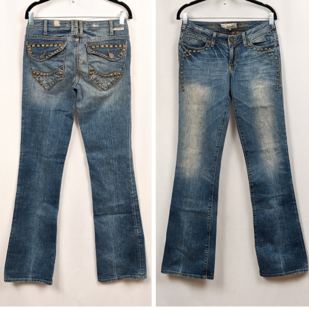 J & Company Boot Cut Jeans Studded Distressed Highland Patina 33" Inseam Size 28